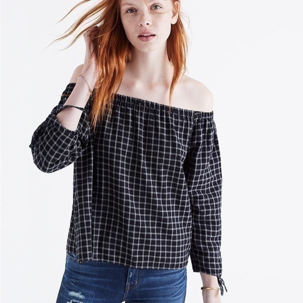 Madewell Black Plaid Off the Shoulder 3/4 Long Sleeve Top Shirt Women’s Small